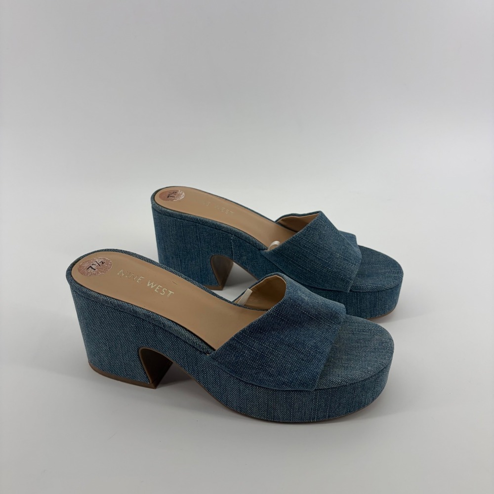 Nine West Womens 7.5 Blue Denim Platform Slides WNBEAS7-C Block Heel Mules